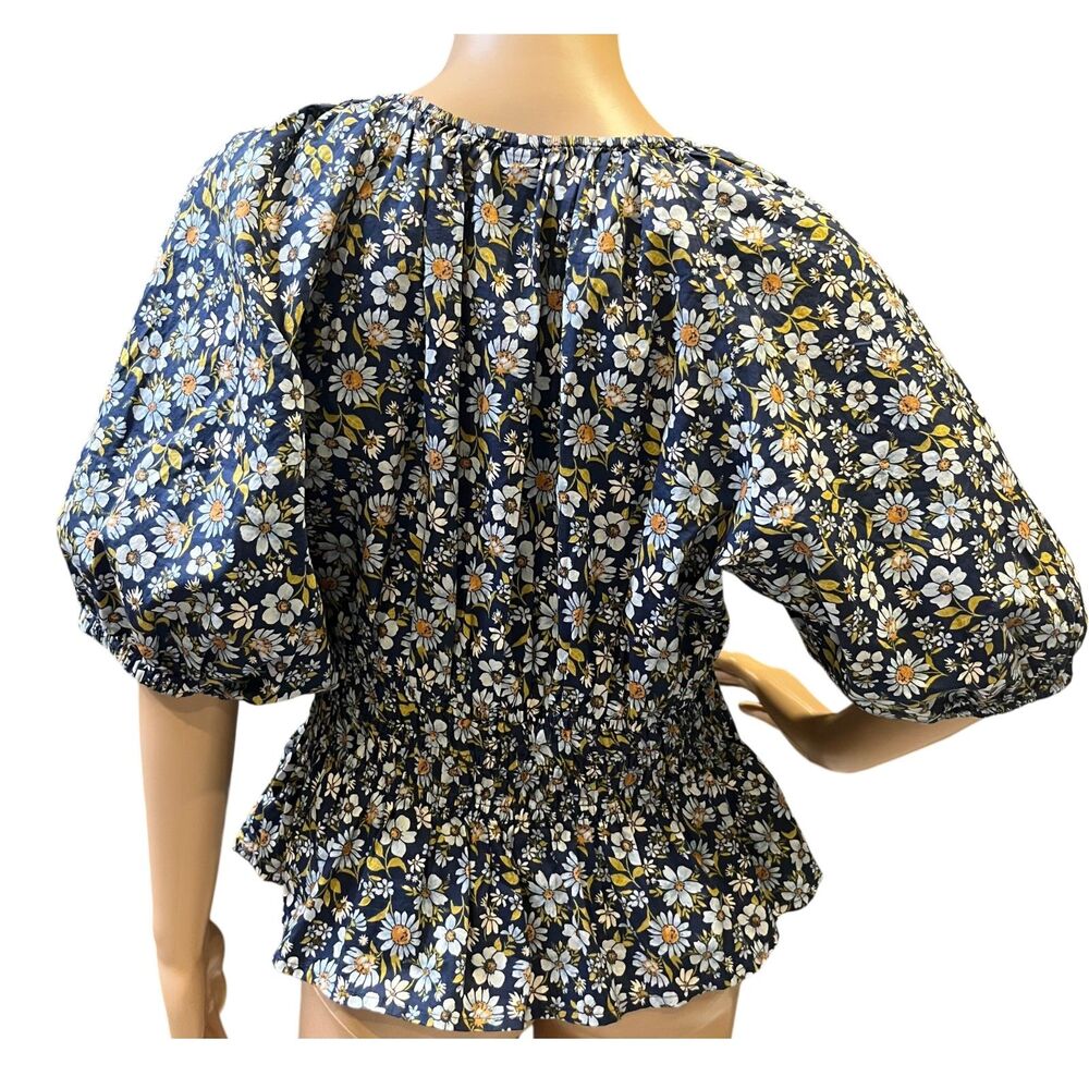 OLD NAVY Smocked V-Neck Peplum Top Blue Ditsy Floral Print Puff Sleeves Sz M NWT - Picture 5 of 8
